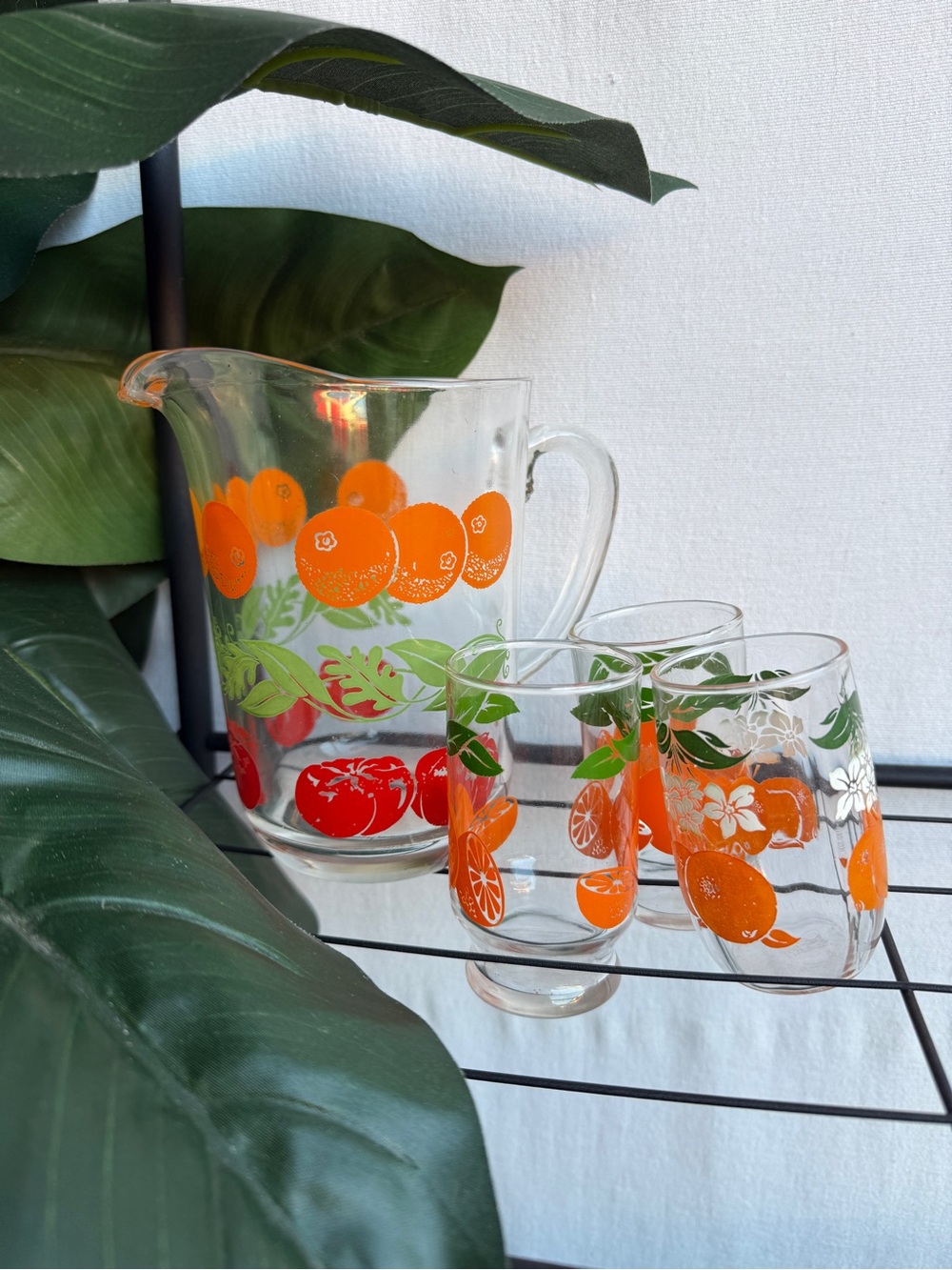 Vintage Glass Fruit Juice Pitcher and Mini Glasses Set with Orange and Tomatoes